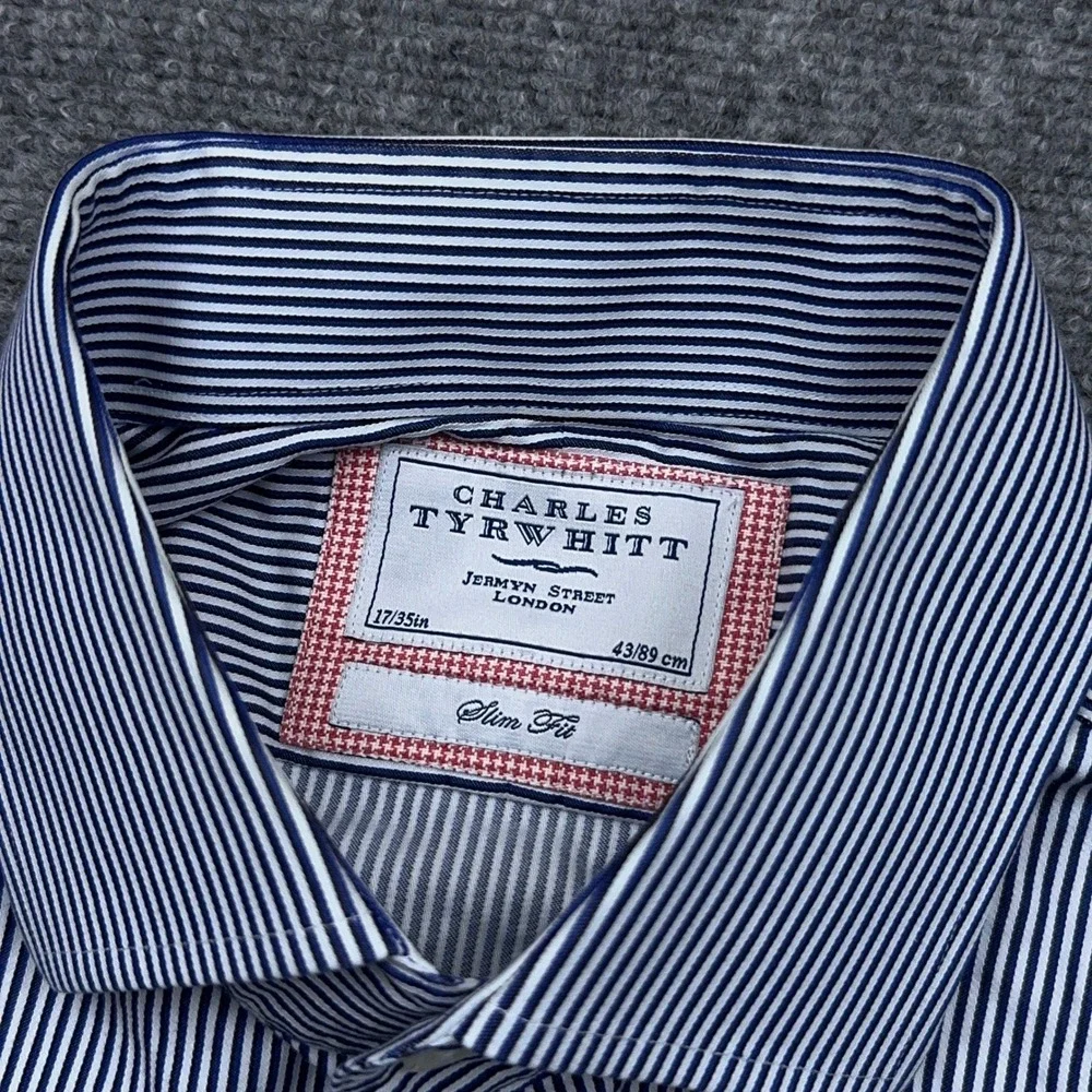 Charles Tyrwhitt Button Down Mens 17/35 Blue Striped Slim Fit Dress Shirt Preppy